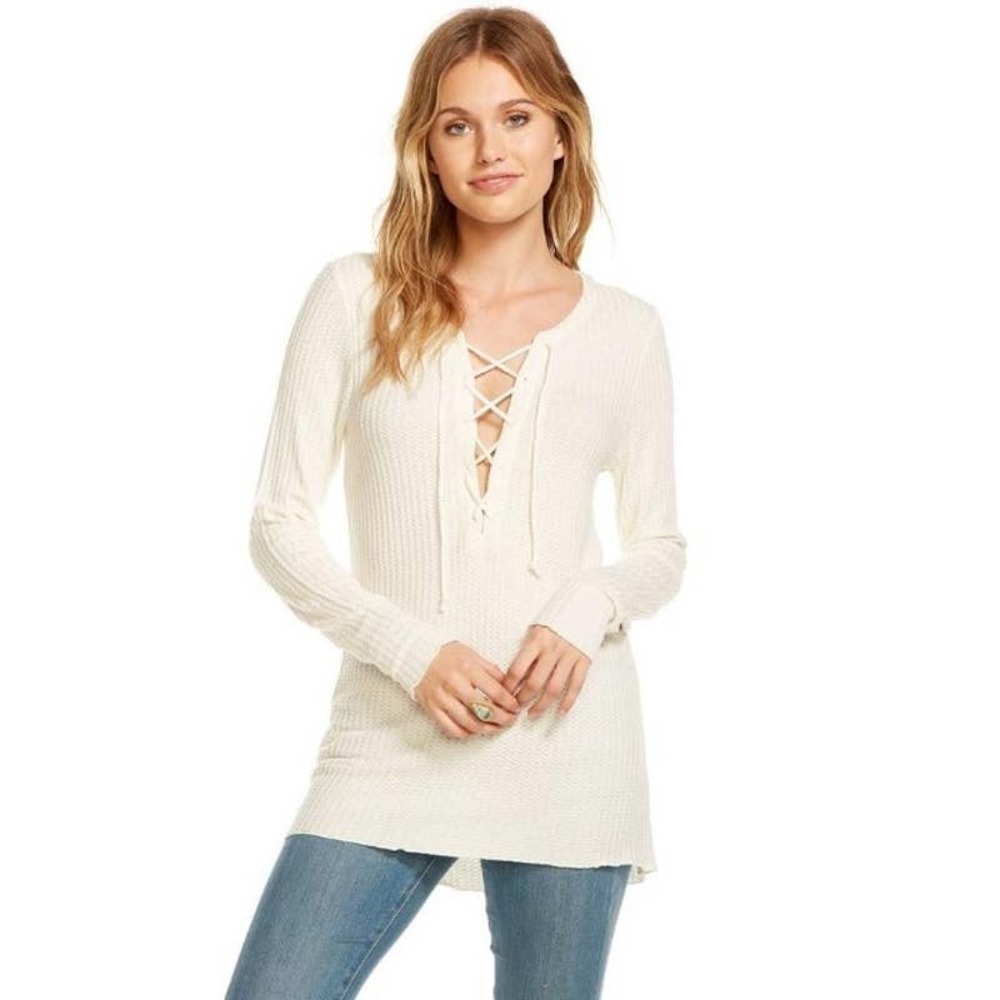 Chaser NWT Long Sleeve Lace Up Thermal Knit Tunic Tee Shirt Rice Cream Sz Medium